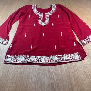 Women’s Red Embroidered Tunic Top Long Sleeve Floral Boho Fall Medium